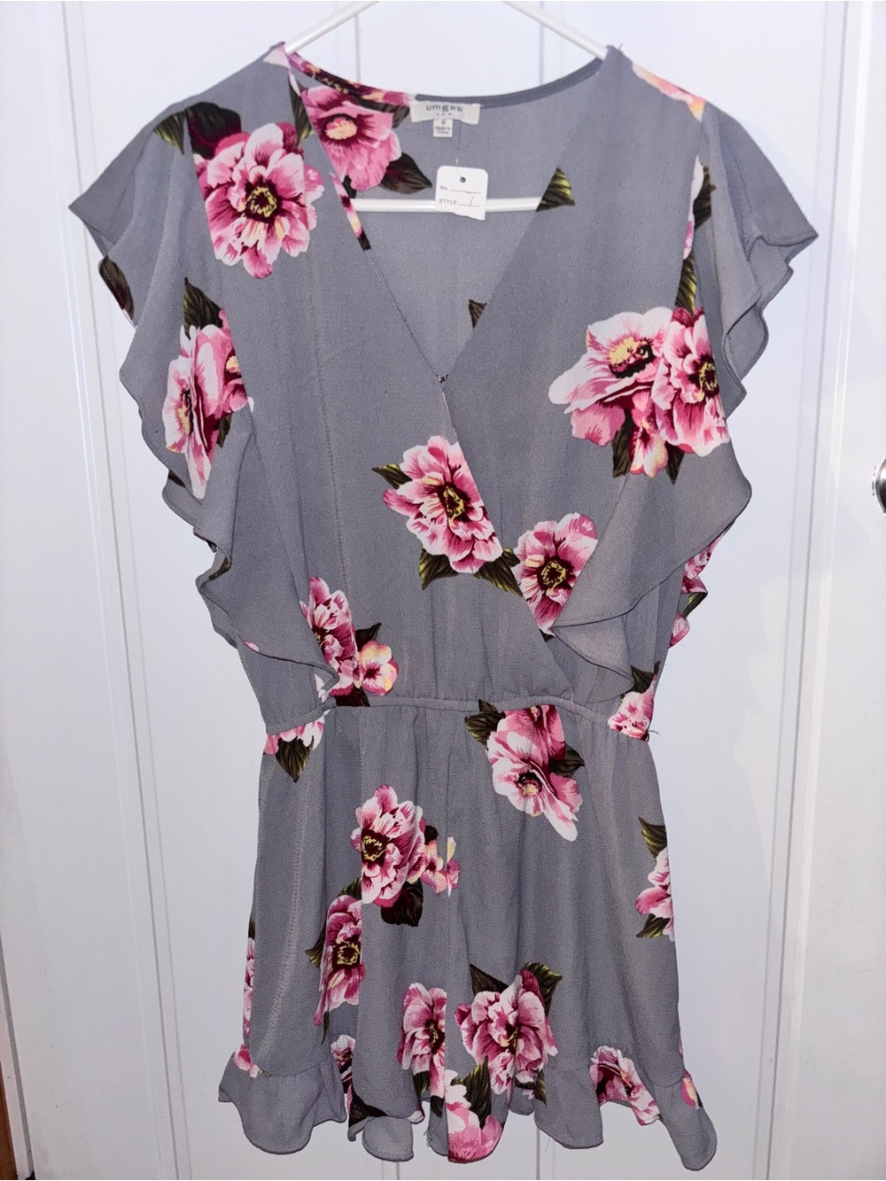 Umgee Small Pink Floral Gray faux Wrap-Style Romper